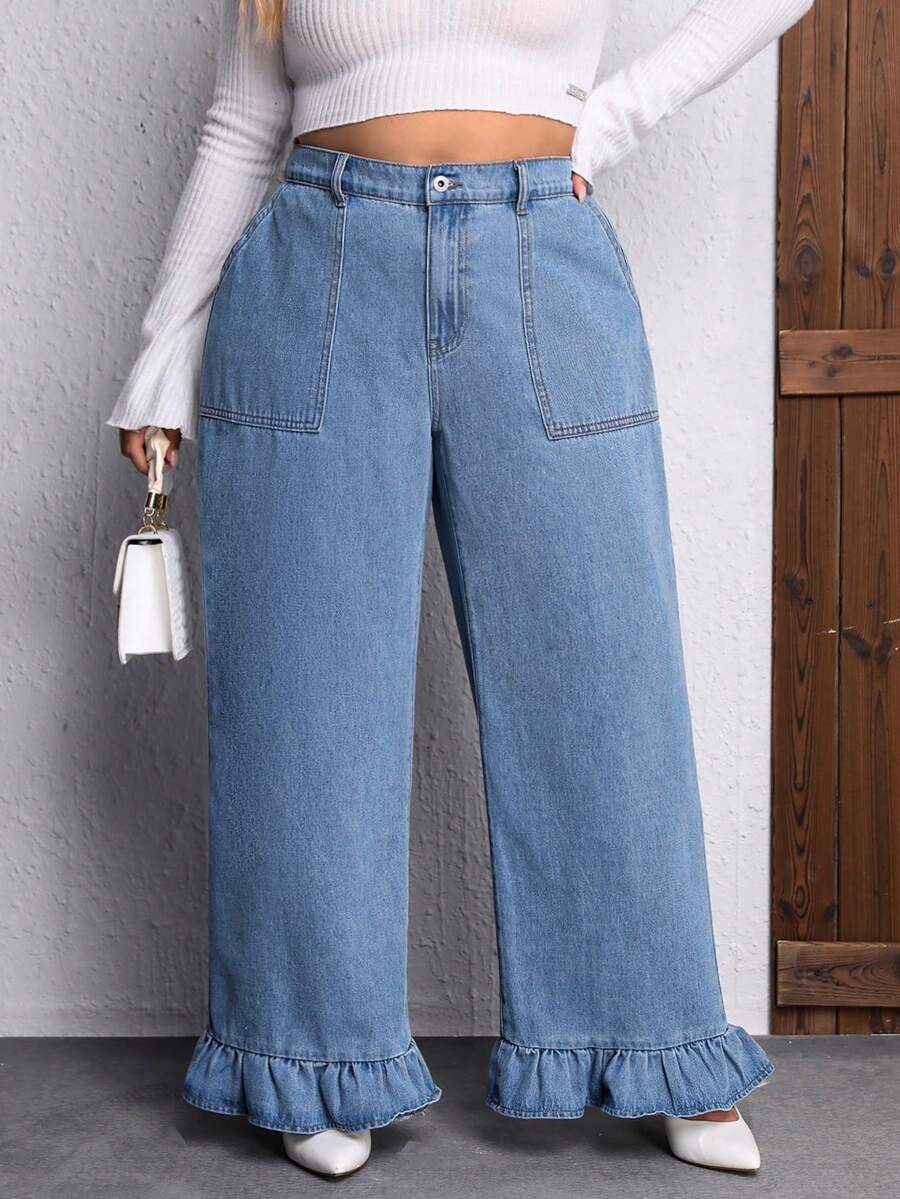 SHEIN Privé Hơn Xù Hoa Sen quần ống rộng Quần jean - Rửa nhẹ - Xem 1
