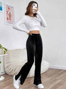 SHEIN EZwear Viền chia cắt Quần ống loe - màu đen - Xem 5