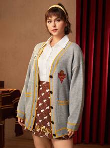 HARRY POTTER X SHEIN 大碼字母貼布條紋飾邊落肩袖開襟衫 - 彩色 - 查看 7