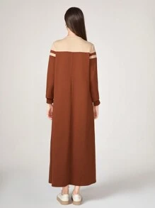 Graceveil Striped Print Tee Modest Long Sleeve Dress - Rust Brown - View 2