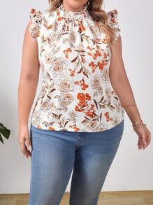 SHEIN VCAY Plus Floral Print Ruffle Trim Mock Neck Summer Boho Blouse - White - View 3