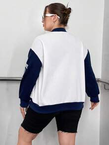 Flirla 大碼字母圖案撞色落肩袖飛行員夾克 - 彩色 - 查看 4