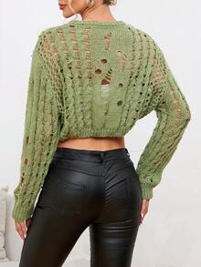 SHEIN Essnce 素色落肩袖鏤空針織短款毛衣 - 綠色 - 查看 2