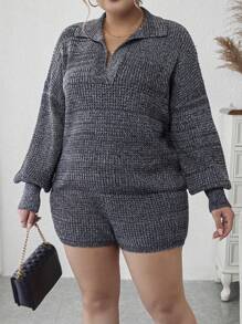 Calvaya Plus Drop Shoulder Sweater & Knit Shorts - Dark Grey - View 6