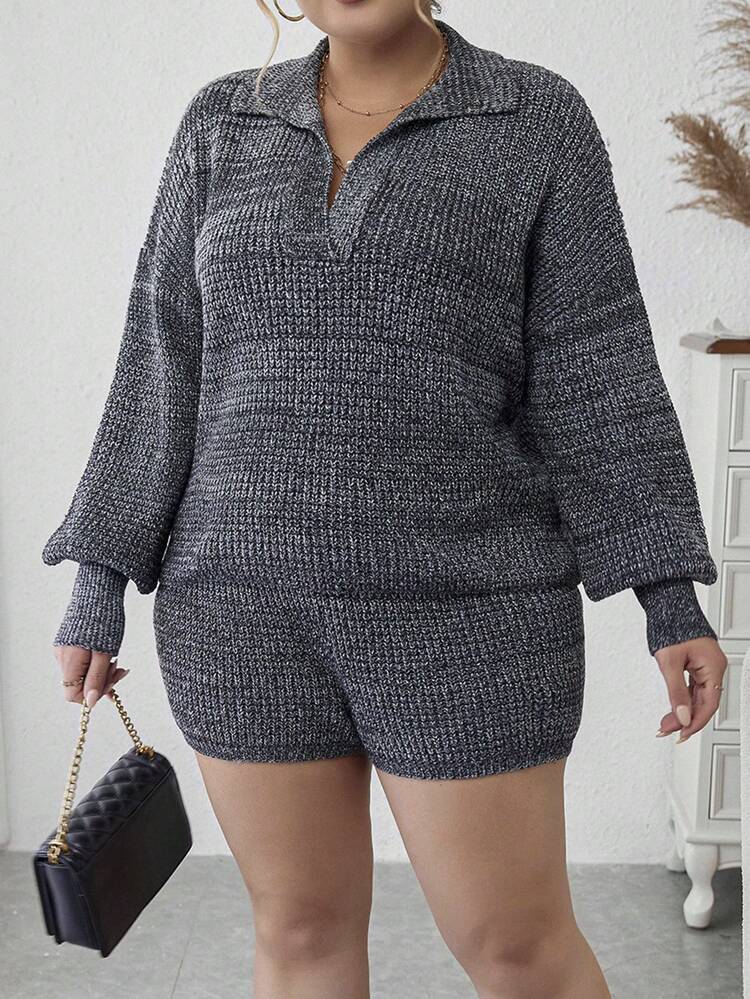 Plus Drop Shoulder Sweater & Knit Shorts
