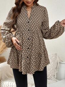 SHEIN 孕婦滿版印花燈籠袖荷葉邊襯衫 - 黑色 - 查看 1