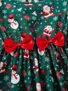 SHEIN Young Girl Christmas Print Bow Front Ruffle Trim Dress - Green - View 3