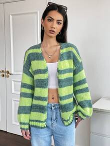 SHEIN Qutie Striped Pattern Drop Shoulder Cardigan - Multicolor - View 4