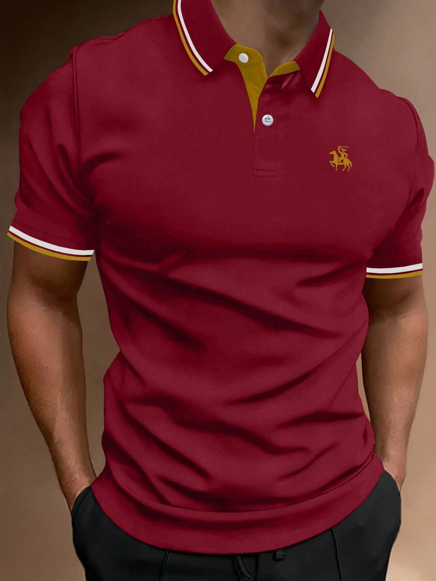 Manfinity Homme Áo thun polo nam in hình ngựa tương phản - Màu Đỏ Sâu - Xem 1