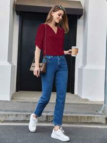 BizChic Blusa corta a maniche corte plissettata, colletto a risvolto, in colore rosso tinta unita, per donna, casual