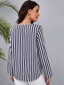 SHEIN Clasi 條紋印花捲邊袖襯衫 - 藍白色 - 查看 2