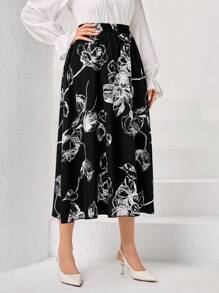 SHEIN Clasi 印花彈性腰帶半身裙 - 黑色 - 查看 3