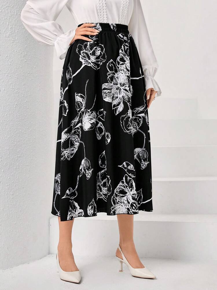 SHEIN Clasi Jupe Imprimé Floral Taille Élastique - Noir - Voir 3