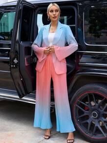 SHEIN Privé Ombre Print Flap Detail Blazer & Pleated Wide Leg Pants - Multicolor - View 6
