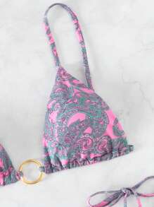 Floral Print Triangle Tie Side Bikini Set - Green - View 3
