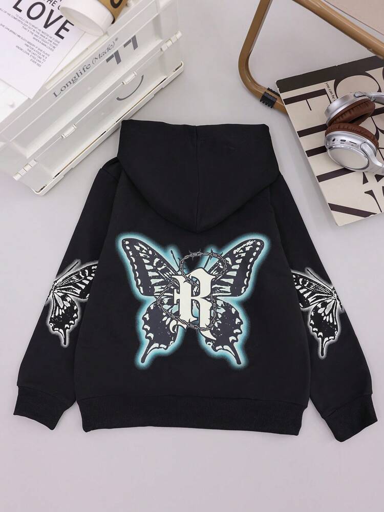 Tween Boy Letter & Butterfly Print Kangaroo Pocket Sweatshirt