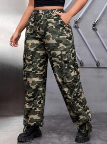 SHEIN EZwear 大碼迷彩印花側翻蓋口袋工裝牛仔褲 - 彩色 - 查看 3