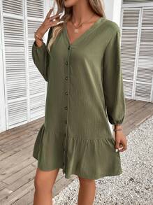 SHEIN LUNE Vestido smock unicolor con botón delantero bajo con fruncido - Verde militar - Ver 5