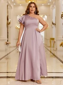 SHEIN Belle Plus 1pc One Shoulder Split Thigh Satin Dress - Dusty Pink - View 6