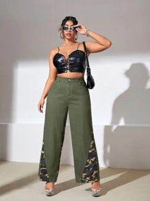 SHEIN ICON Plus Camo Print Wide Leg Jeans - Army Green - View 4