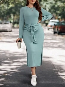 SHEIN LUNE Plus Solid Split Thigh Belted Dress - Green - View 5