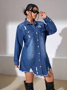 SHEIN ICON Cộng thêm váy denim viền cong thô cắt thô - Màu xanh lam - Xem 5