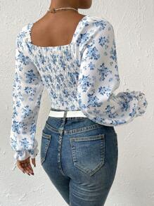 Chiquease In hoa Nút phía trước tay áo lá sen Nếp gấp Phần Ngực Cổ vuông Áo liền quần chặt - Nhiều màu - Xem 2