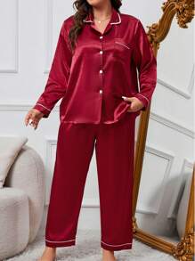 Plus Christmas Contrast Piping Satin PJ Set / Pajama Set - Burgundy - View 4