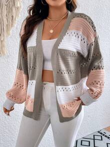 Calvaya Plus Color Block Drop Shoulder Pointelle Knit Duster Cardigan