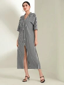 VaVaBold In sọc Nút phía trước Đầm - Đen và trắng - Xem 3