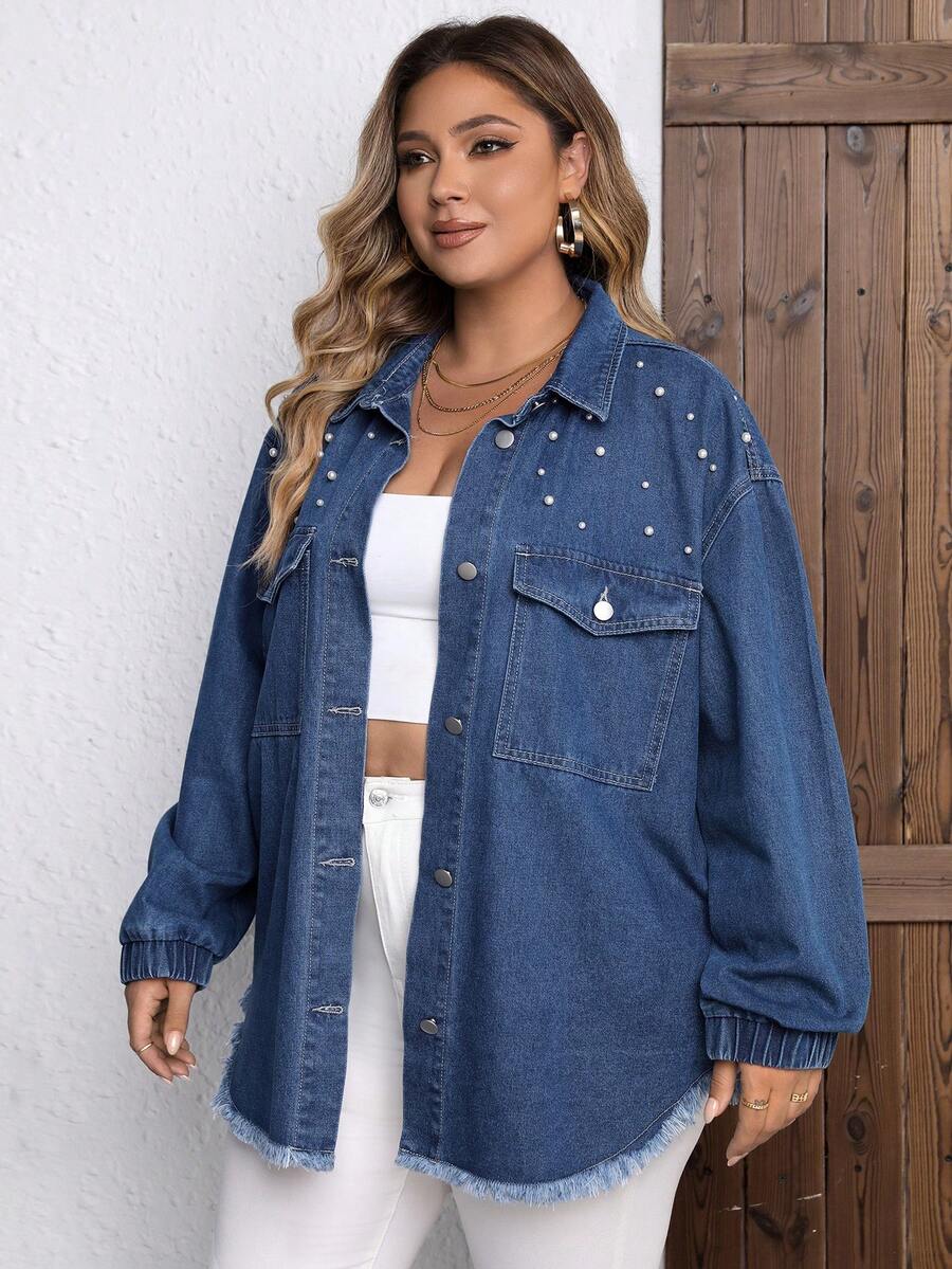 SHEIN LUNE Plus Pearls Beaded Drop Shoulder Raw Cut Denim Jacket - Blue - View 1