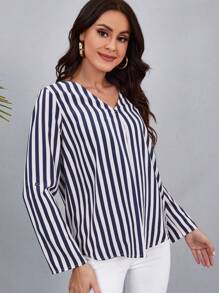 SHEIN Clasi 條紋印花捲邊袖襯衫 - 藍白色 - 查看 3