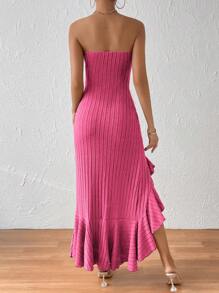 SHEIN Privé 荷葉邊高衩抹胸洋裝 - 玫紅色 - 查看 2