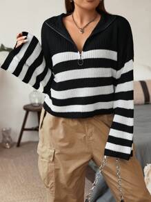 Flirla Talla grande Jersey con patrón de rayas con cremallera media de hombros caídos - Blanco y Negro - Ver 6