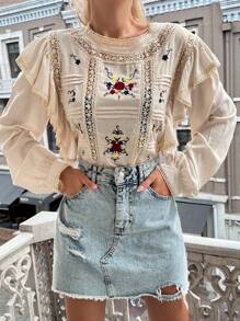 SHEIN Cottnline Floral Embroidery Ruffle Trim Flounce Sleeve Blouse - Beige - View 3