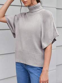 SHEIN LUNE High Neck Batwing Sleeve Sweater Knit Pullover Fall Winter Outfit - Grey - View 4