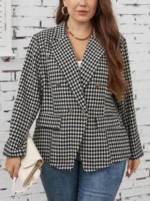 SHEIN LUNE Plus Houndstooth Print Double Breasted Blazer - Black and White - View 1