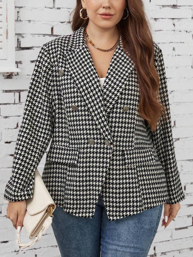 Plus Houndstooth Print Double Breasted Blazer