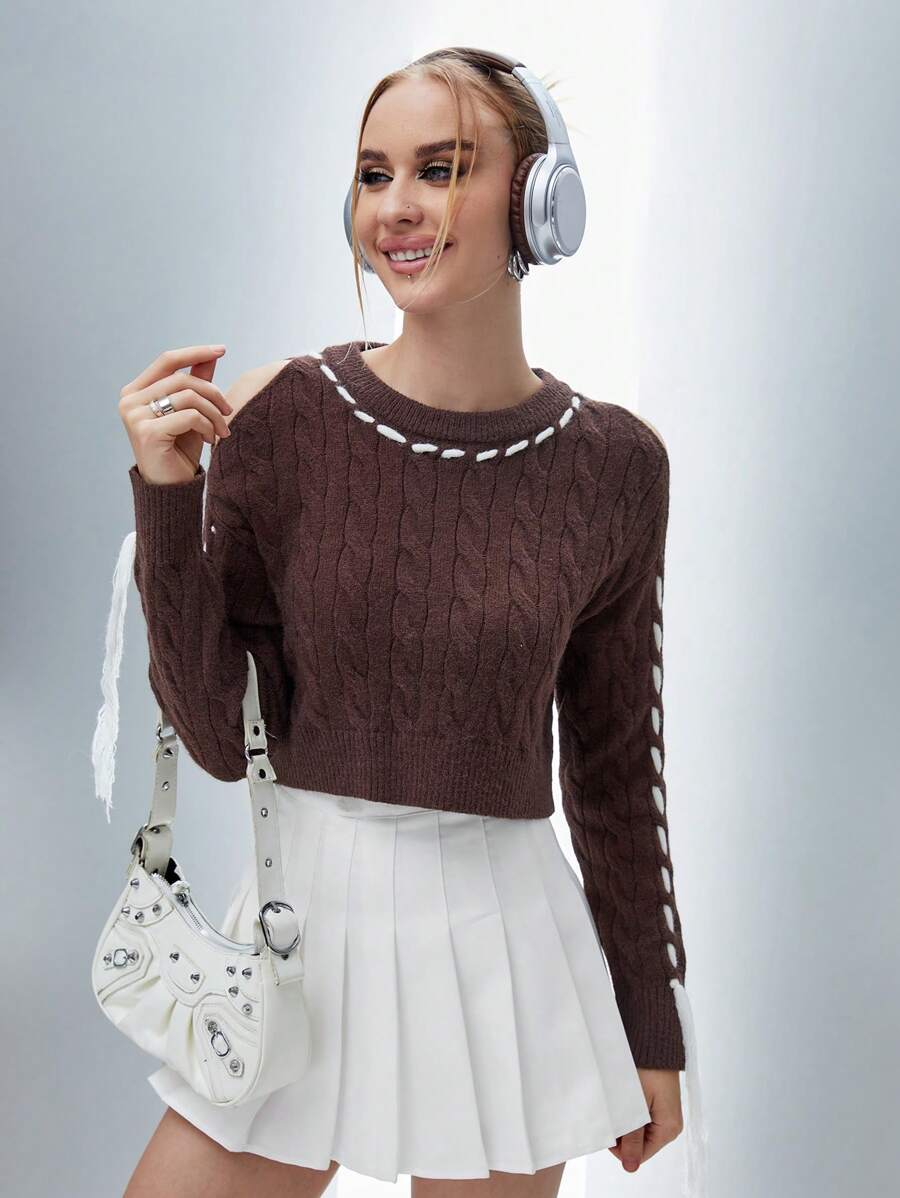 SHEIN Unity Contrast Piping Cable Knit Pullover Fall Winter Sweater - Brown - View 1