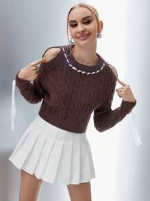 SHEIN Unity Contrast Piping Cable Knit Pullover Fall Winter Sweater - Brown - View 3