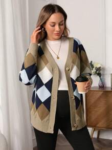 SHEIN Maternity Argyle Pattern Button Front Cardigan, For Winter - Multicolor - View 4