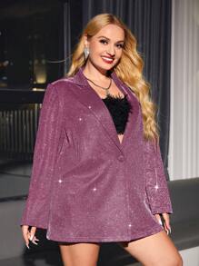 SHEIN Privé Plus Lapel Neck Glitter Blazer - Hot Pink - View 4