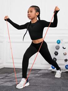 SHEIN 女大童專業無縫針織純顏色圓領長袖競技穿戴套裝 - 黑色 - 查看 5