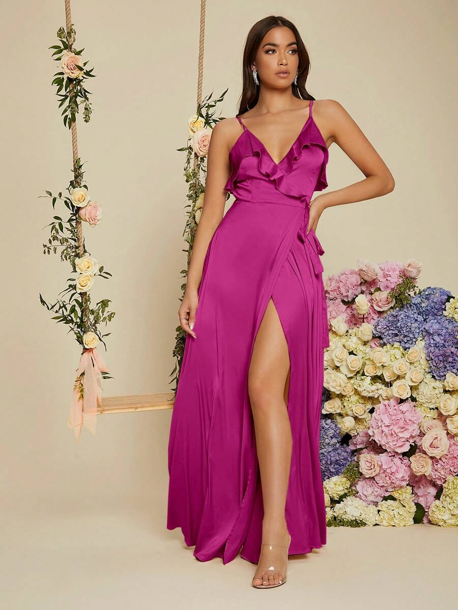 SHEIN Belle 荷葉邊圍裹側打結緞面吊帶裙伴娘禮服 - 玫紅色 - 查看 1