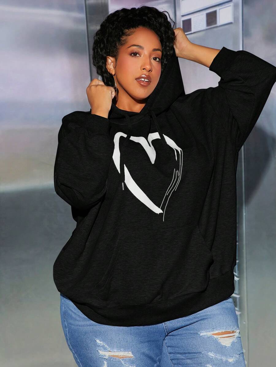 SHEIN CURVE+ Áo nỉ tay rớt vai in hình trái tim cỡ lớn - màu đen - Xem 1