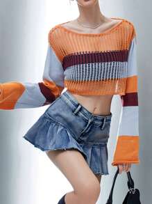 SHEIN Unity Suéter de punto corto con hombros caídos y bloques de color para otoño e invierno - Amarillo - Ver 1