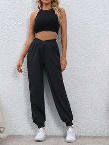 INAWLY Cắt bỏ eo Bất đối xứng Dây thắt lưng Eo Quần thể thao - màu đen - Xem 3