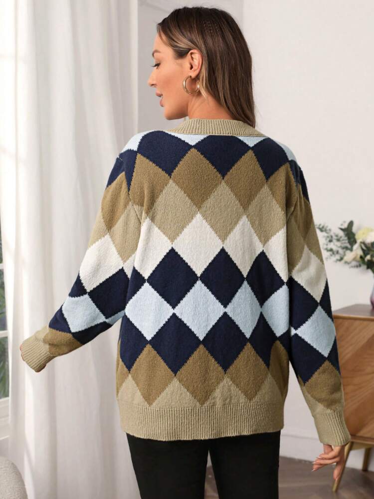 Maternity Argyle Pattern Button Front Cardigan, For Winter