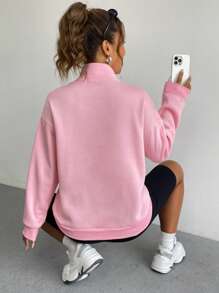 SHEIN EZwear 半拉鏈袋鼠口袋落肩袖運動衫 - 粉色 - 查看 2