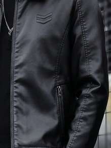 Men Zip Up PU Leather Jacket - Black - View 3